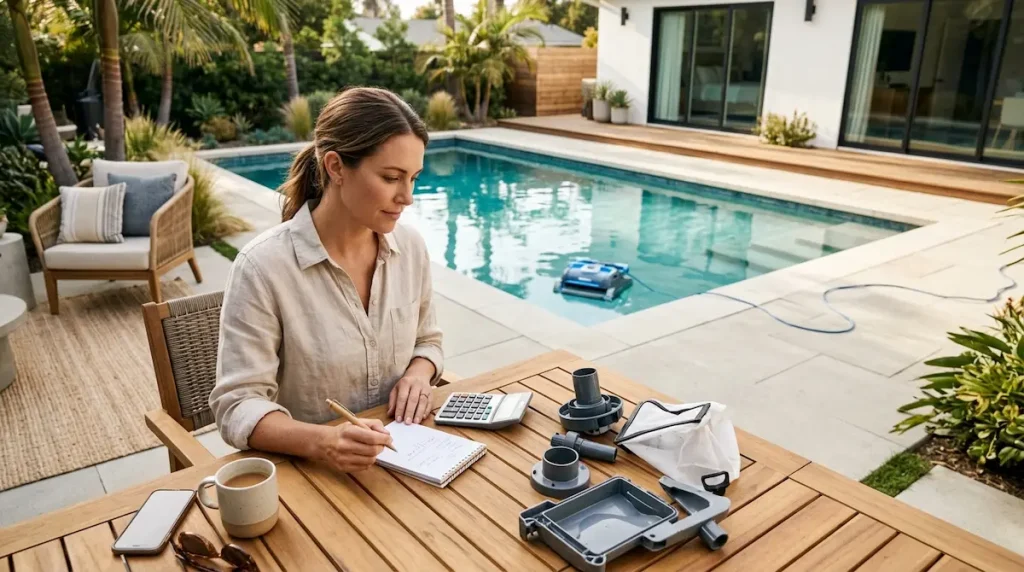 Pool cleaner cost comparison with a calculator beside a residential swimming pool.