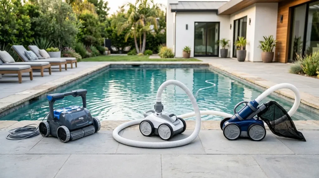 Three automatic pool cleaner types arranged by a residential pool for comparison.