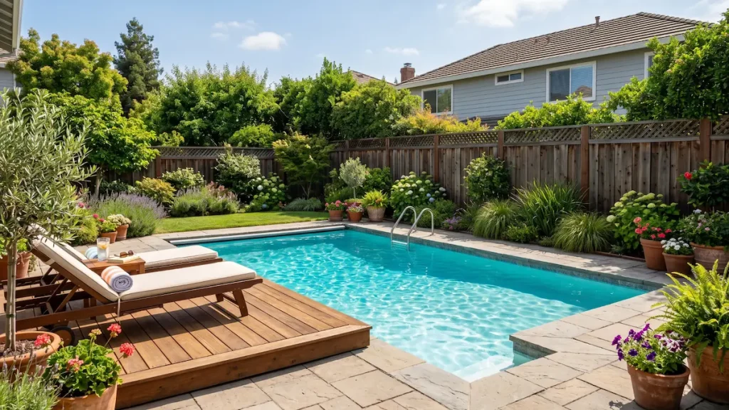 Sparkling clean residential backyard pool with clear, balanced blue water