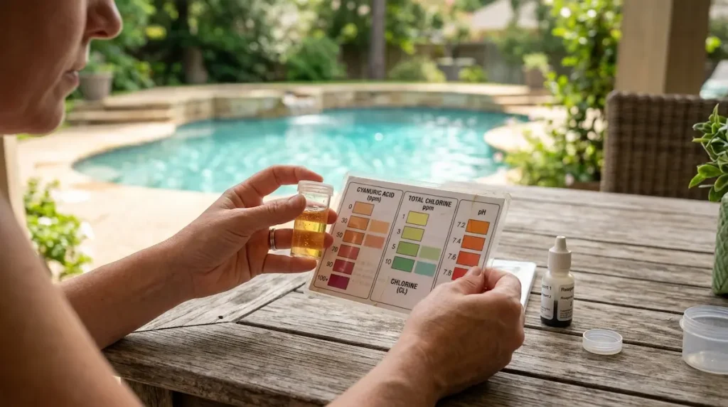Clean backyard pool with testing supplies showing balanced pool water testing.
