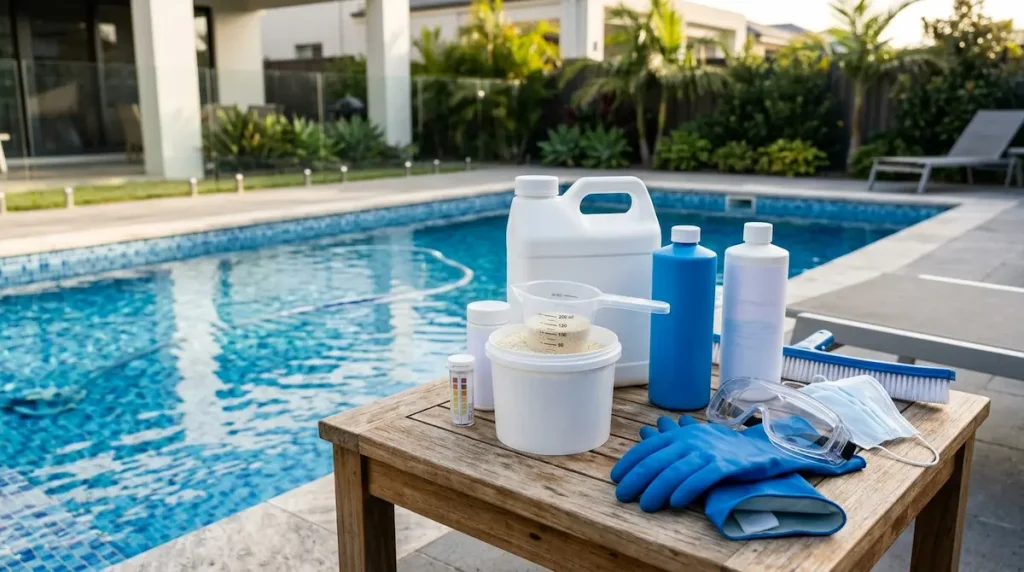 Pool care products for balancing pool pH arranged beside clean residential pool water.