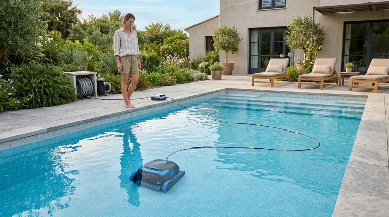 A robotic pool cleaner working in a clean backyard pool for a best automatic pool cleaner guide.