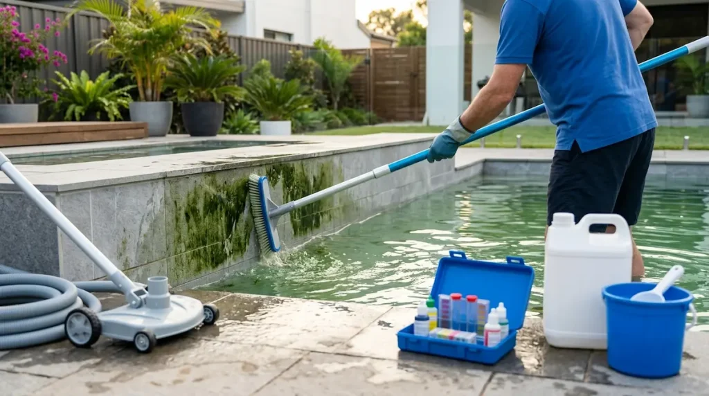 Pool algae treatment with a brush and cleaning tools beside a residential pool.