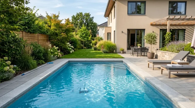 Clean backyard swimming pool with clear water for checking pool pH balance.