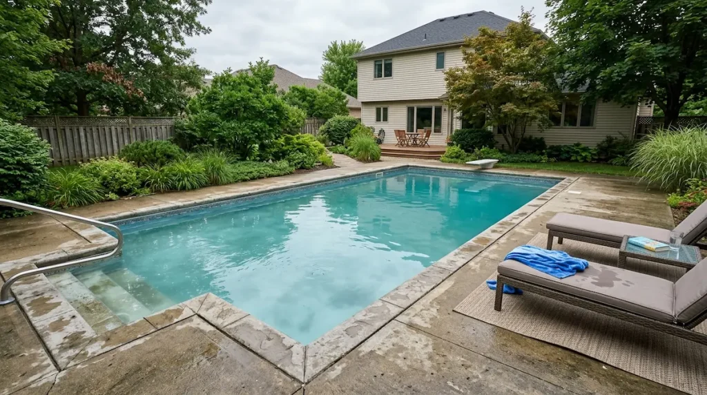 Cloudy pool water in a residential backyard pool before testing and cleaning.