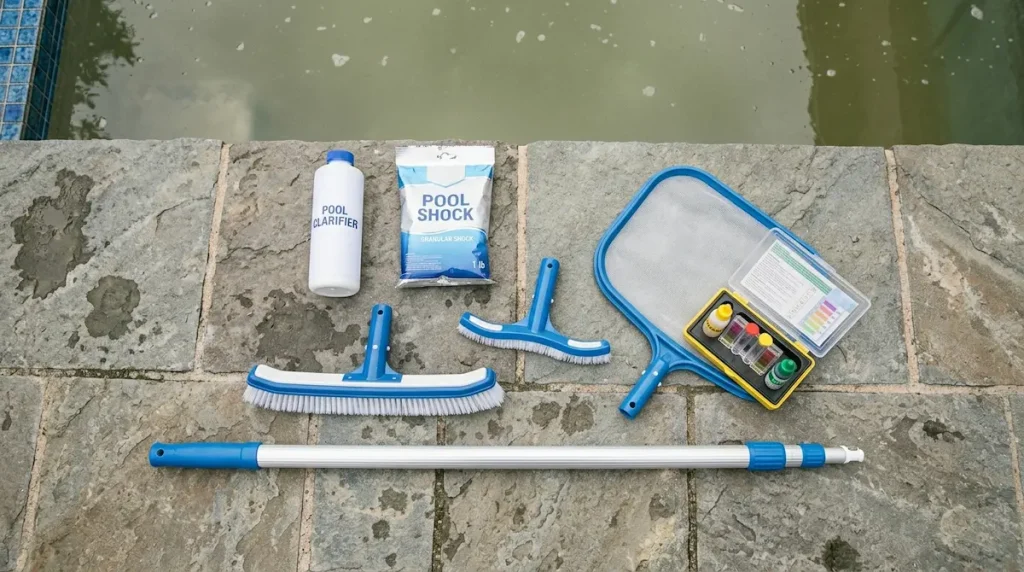 Pool clarifier, shock, brush, and water test supplies arranged beside cloudy pool water.