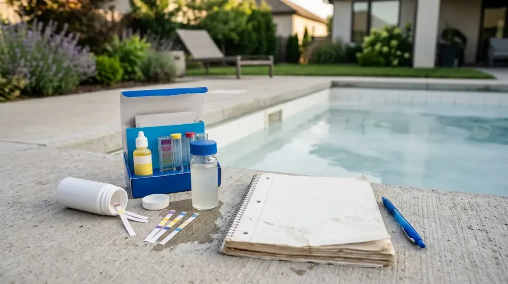 Pool water testing kit beside cloudy pool water for checking chlorine, pH, alkalinity, and calcium hardness.