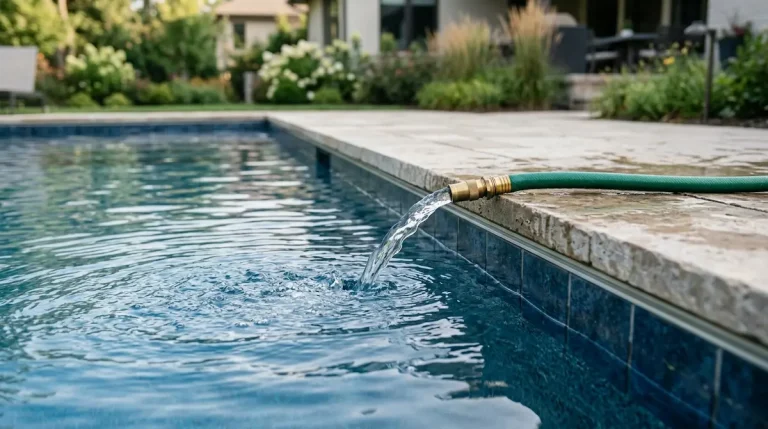 Garden hose adding fresh low-pH water to a residential pool after draining a few inches to dilute and lower pH