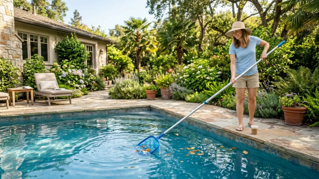 Homeowner skimming a backyard pool during routine DIY pool maintenance