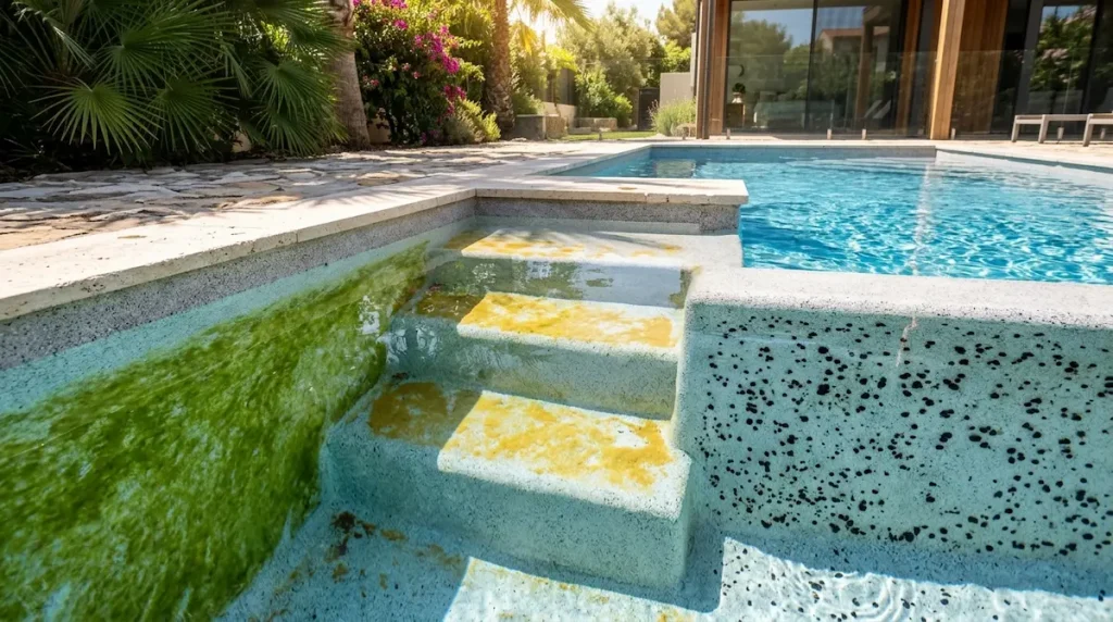 Green, mustard, and black pool algae shown as a visual comparison on pool surfaces.