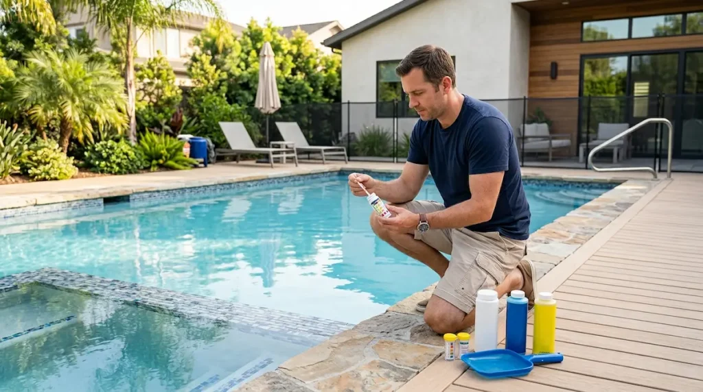 Homeowner testing backyard pool water before adding pool chemicals.