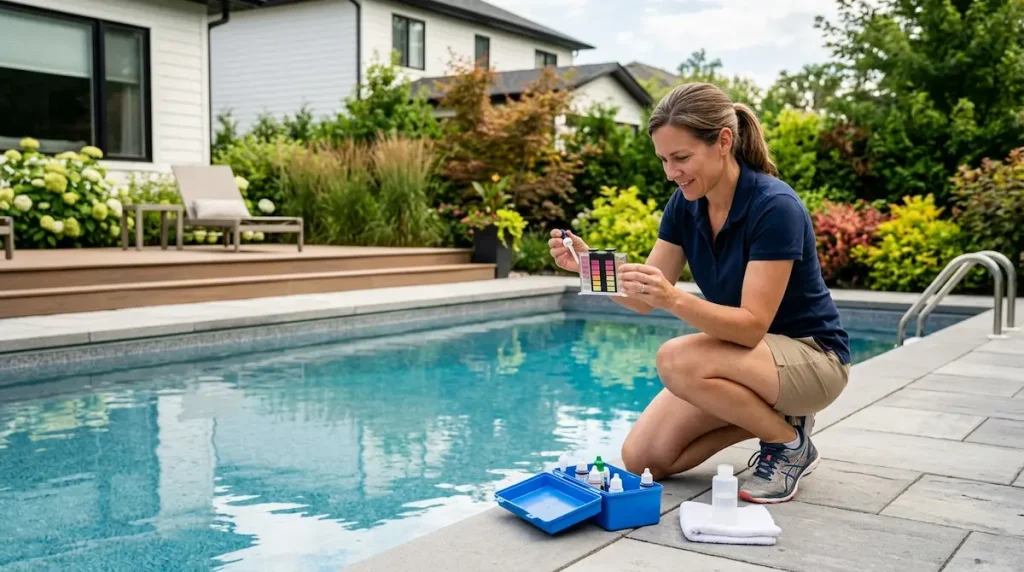 Homeowner testing a backyard pool's pH with a liquid test kit while deciding how to lower pool pH without chemicals