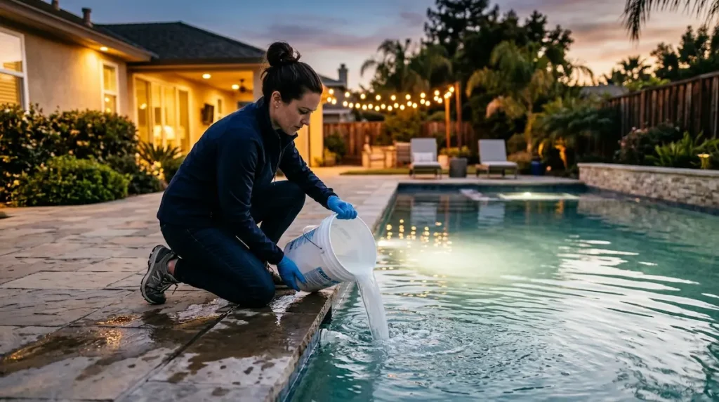 Homeowner carefully adding pool shock near a return jet at dusk while the pool pump runs.