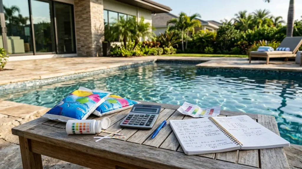 Pool shock bags, a calculator, and handwritten pool care notes arranged near a clean backyard pool.