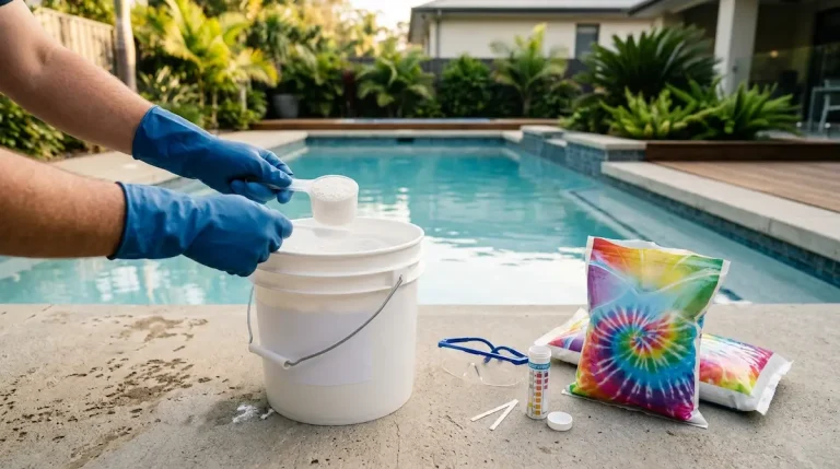 Pool shock, gloves, test strips, and a clean bucket set beside a backyard pool before shocking.