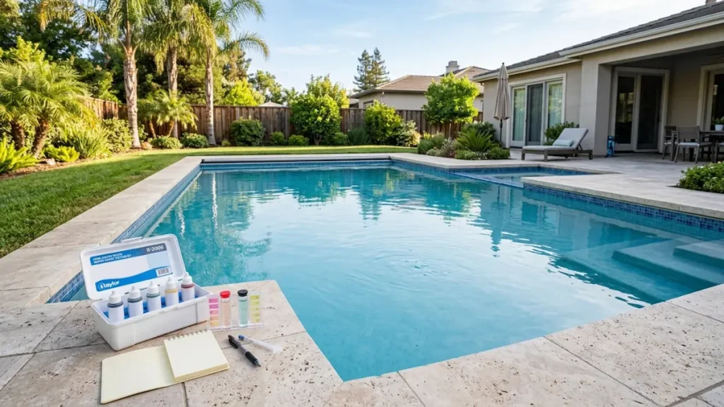 Clear backyard pool with testing supplies used to check ideal cyanuric acid level