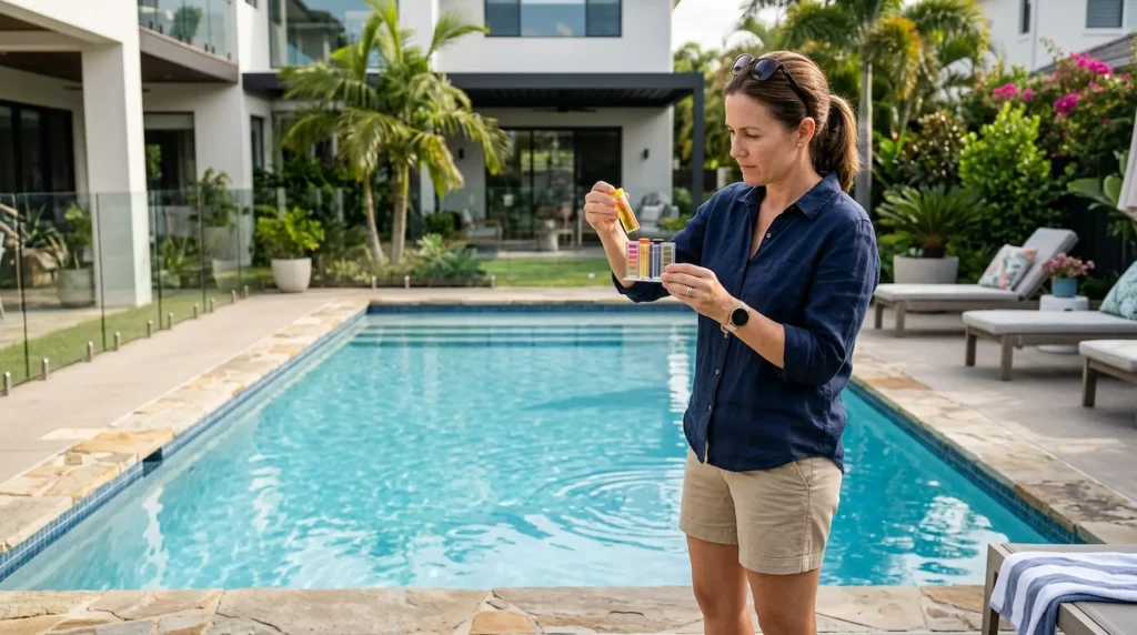 Pool alkalinity test result showing the ideal range for balanced pool water