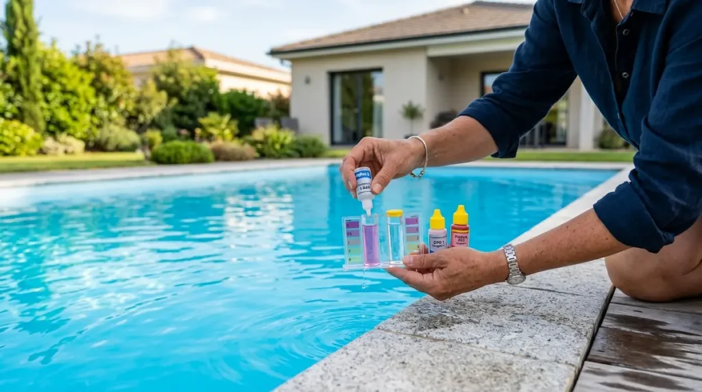Pool owner testing water before lowering chlorine in a backyard pool