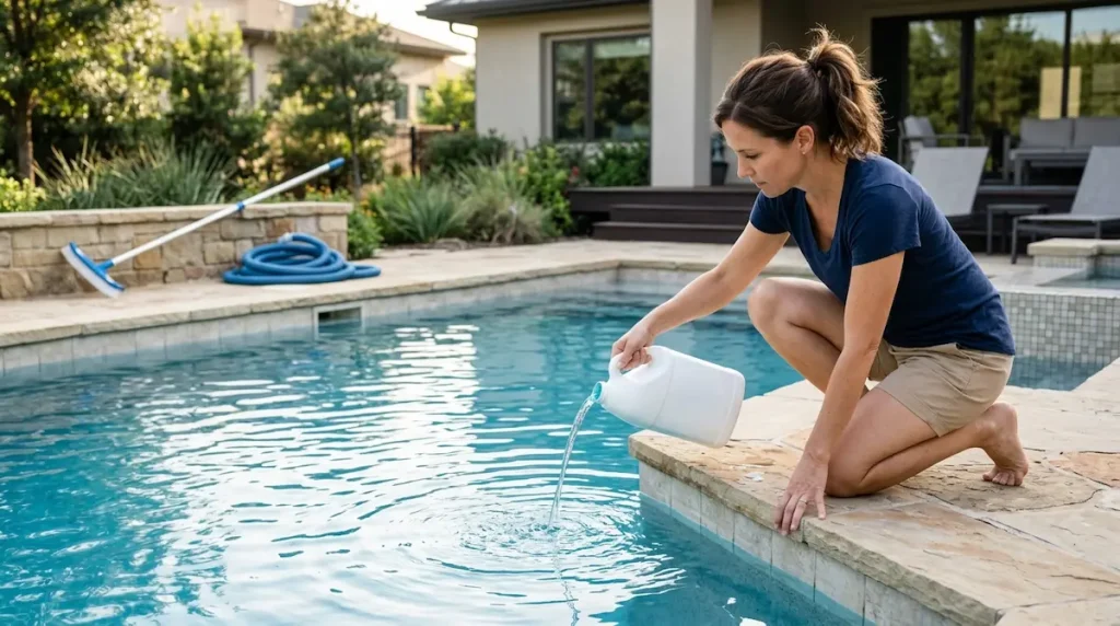 Homeowner adding phosphate remover treatment to a residential swimming pool with the pump running.