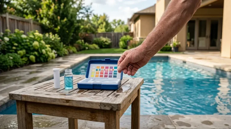 Pool water test kit beside a backyard pool showing phosphates in pool water being checked.