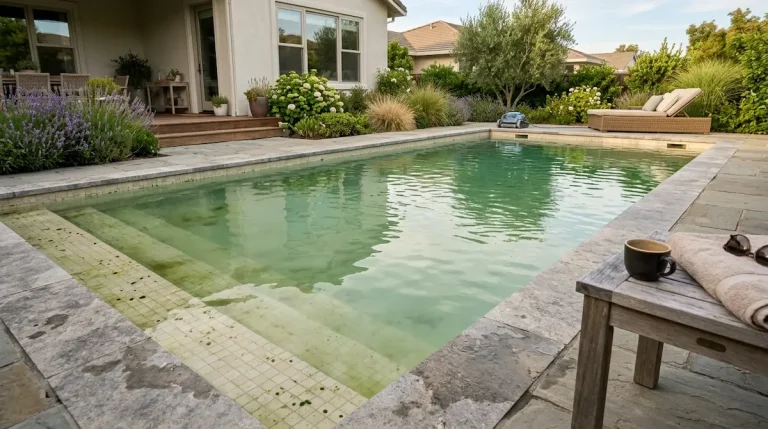 Early pool algae forming in a backyard swimming pool with slightly green water.