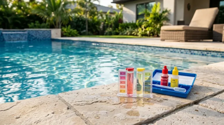 Pool alkalinity test kit beside a clean backyard swimming pool