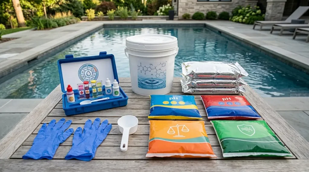 Essential pool chemical supplies arranged beside a water test kit