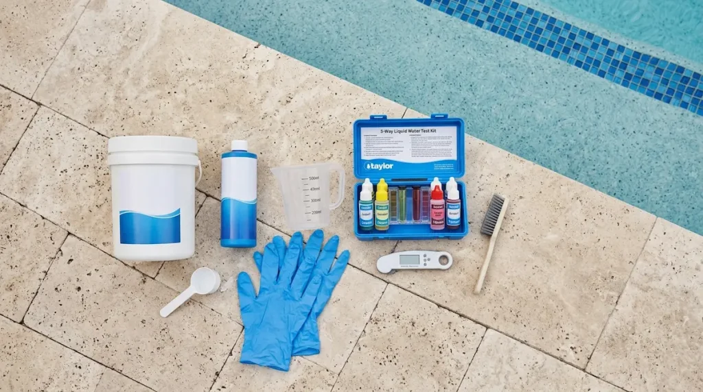 Pool chemical supplies and a test kit arranged beside a clean backyard pool.