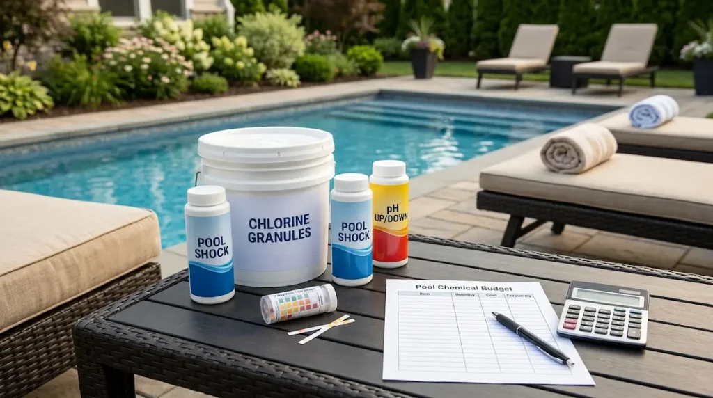 Pool chemical bottles, test strips, and a simple budget worksheet on a patio table