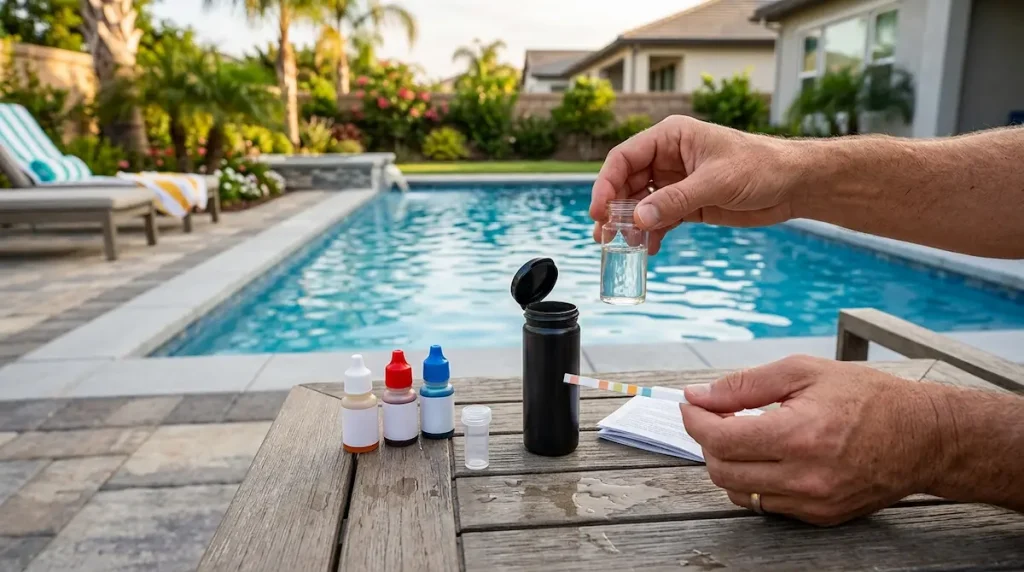 Pool chemicals and a water testing kit beside a clean backyard pool