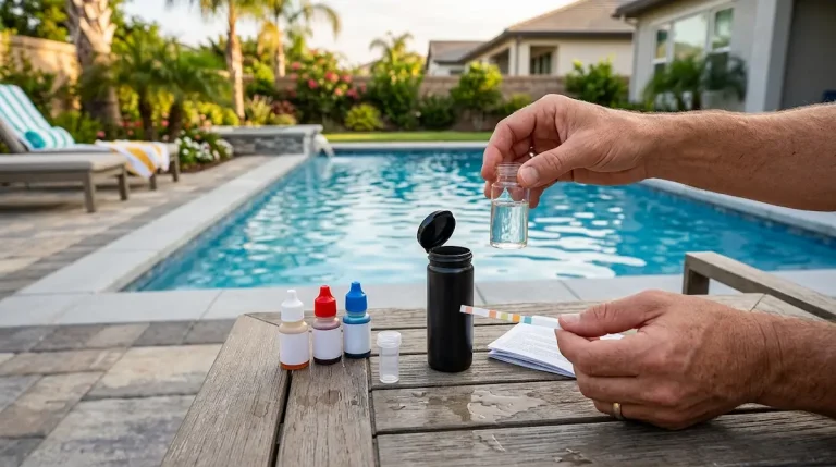 Pool chemicals and a water testing kit beside a clean backyard pool
