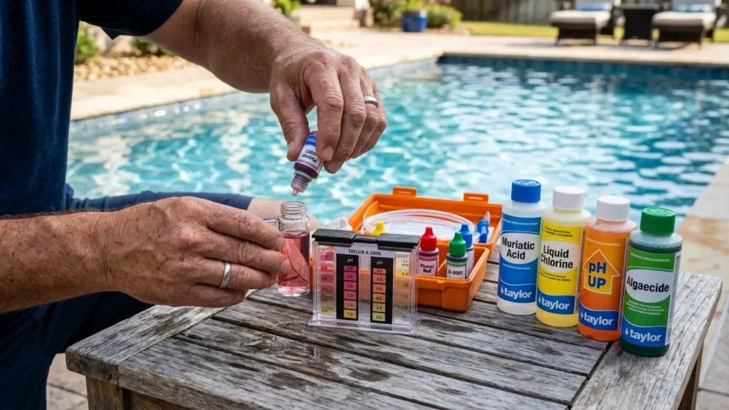 Pool test kit and chemical bottles showing where the monthly pool maintenance budget goes