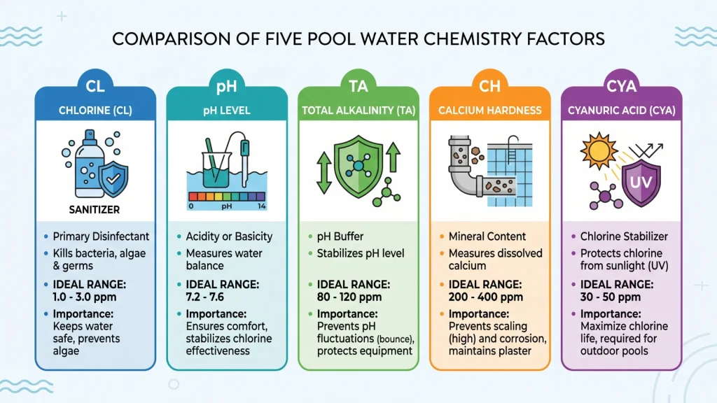 Infographic comparing the five key pool water chemistry levels and their ideal ranges