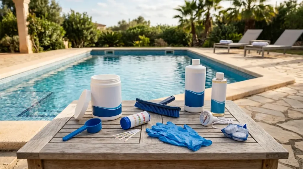 Pool chlorine reducer products and testing supplies arranged beside a residential pool