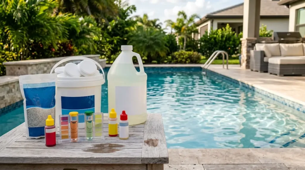 Pool water test kit beside chlorine supplies showing how different chlorine types affect water balance.