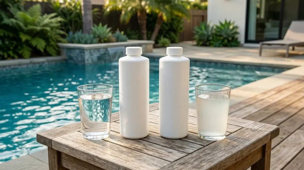 Pool clarifier and flocculant bottles shown side by side for comparison