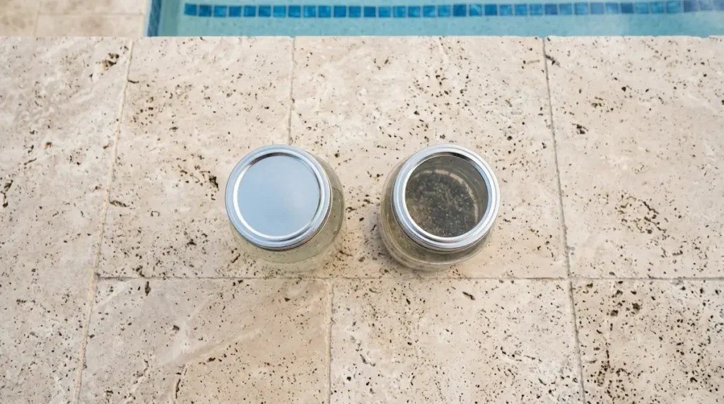 Two water samples treated with pool clarifier and flocculant viewed from above