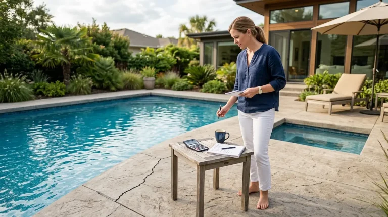 Homeowner reviewing pool concrete repair options beside a cracked backyard pool deck.