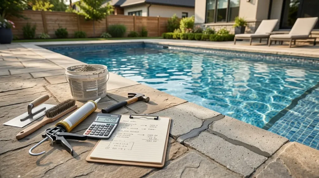 Pool concrete repair cost breakdown shown with tools, notes, and a backyard pool surface.
