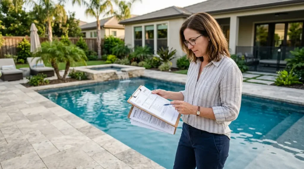 Homeowner comparing a pool concrete repair quote beside a cracked concrete pool surface.