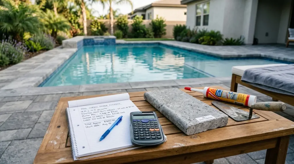 Pool coping repair materials and estimate notes arranged beside a residential pool