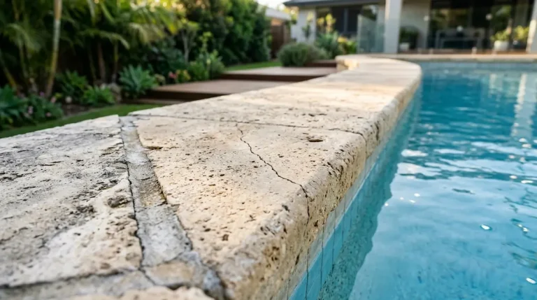 Cracked stone coping along a backyard pool edge before pool coping repair