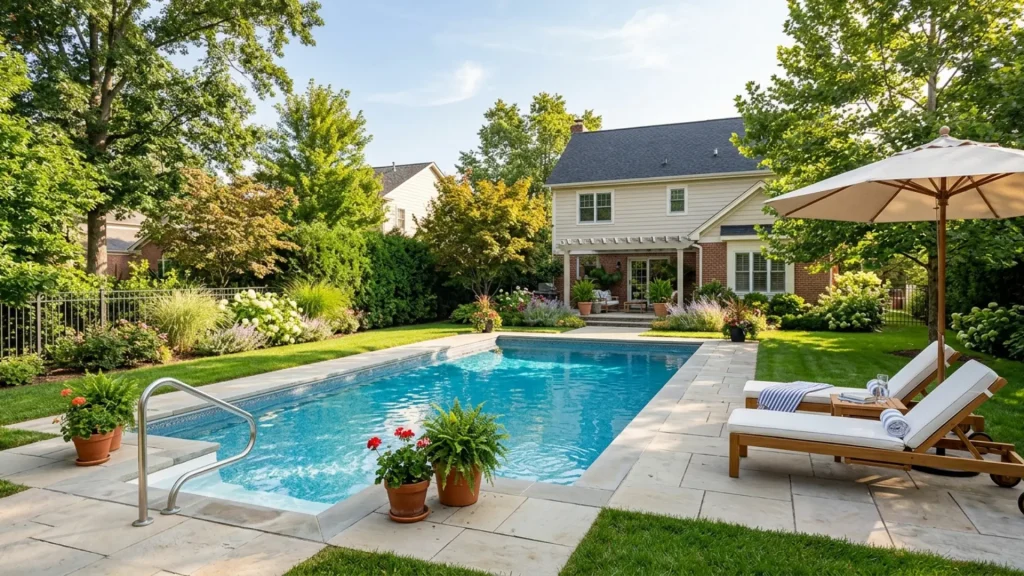 Clean backyard swimming pool beside a modern home on a sunny day, illustrating yearly pool maintenance cost.