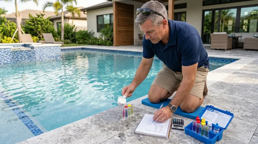 Measuring pool neutralizer dose with a test kit and calculator near pool water