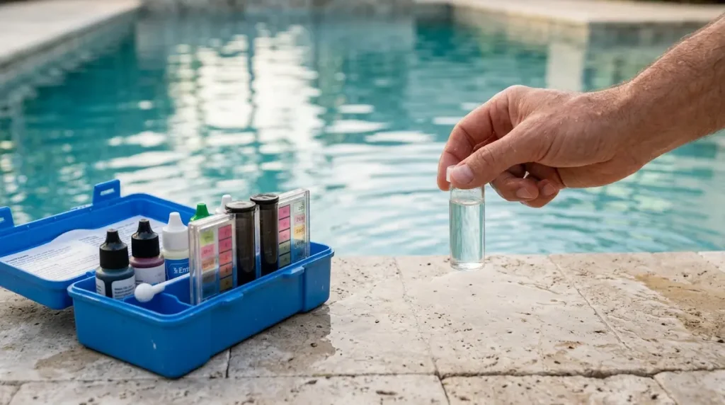 Pool water testing kit beside a backyard pool for reading pool pH levels.