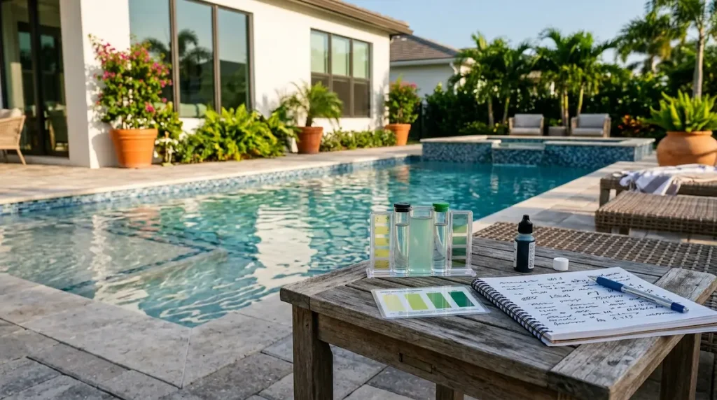 Backyard pool testing setup with phosphate level ranges for pool water explained visually.