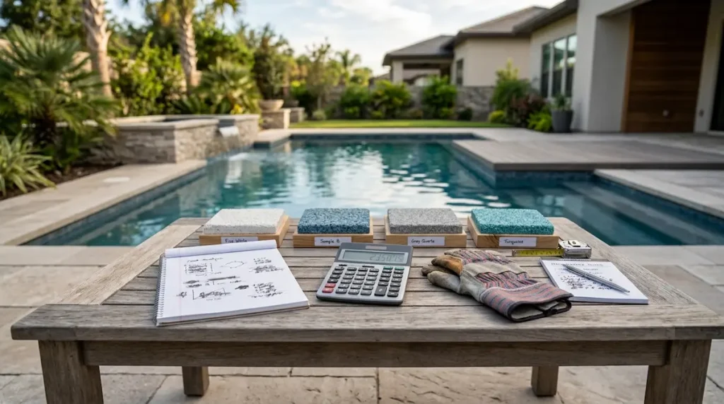 Pool plaster repair cost breakdown with plaster samples, calculator, and pool maintenance notes.
