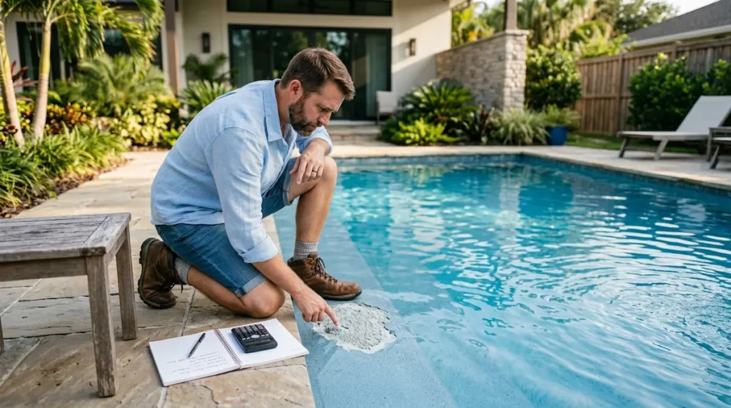Homeowner checking pool plaster repair costs beside a residential pool with rough plaster spots.