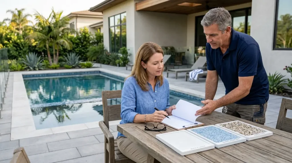 Homeowner reviewing a pool plaster repair quote beside plaster finish samples and a backyard pool.