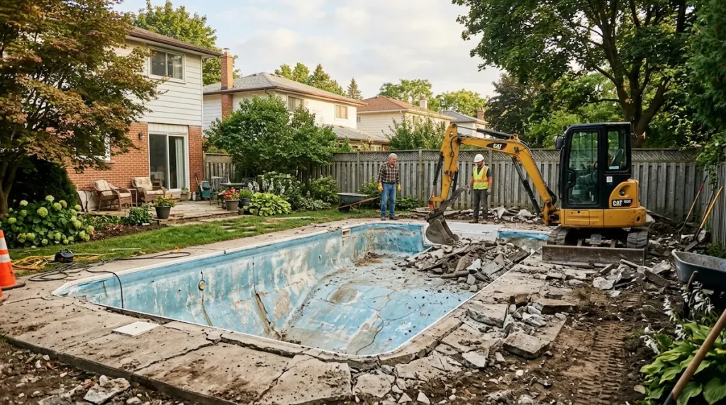 Backyard pool removal cost project with demolition equipment near an old residential pool.
